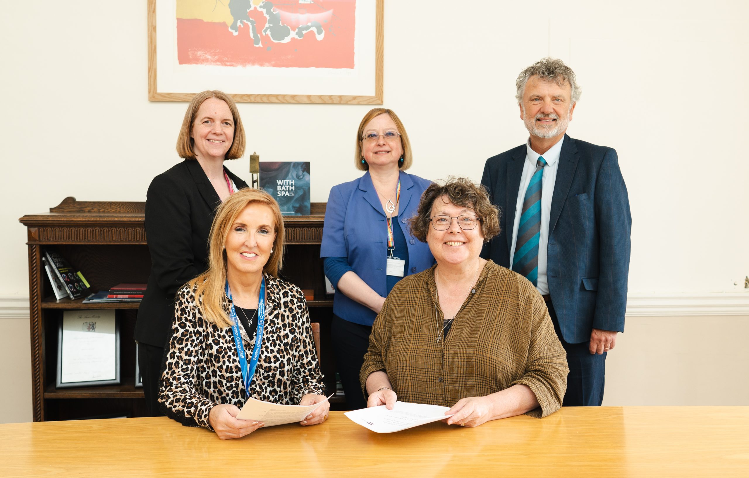 Front row: (Left) Interim Principal of the Weston College Group Jacqui Ford, (Right) Vice-Chancellor of Bath Spa University Professor Sue Rigby, Back row: (left) Vice Principal - Higher Education Sadie Skellon (centre) Deputy Vice-Chancellor of Bath Spa University, Professor Georgina Andrews, (right) Pro Vice-Chancellor (Partnerships Strategy) Professor Simon Haslett