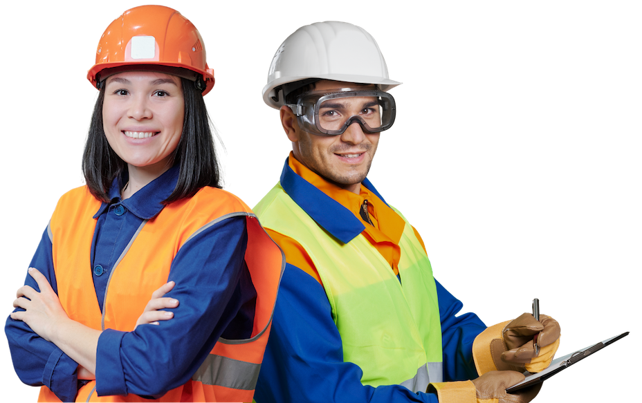 man and women with a hi vis and hard hat on