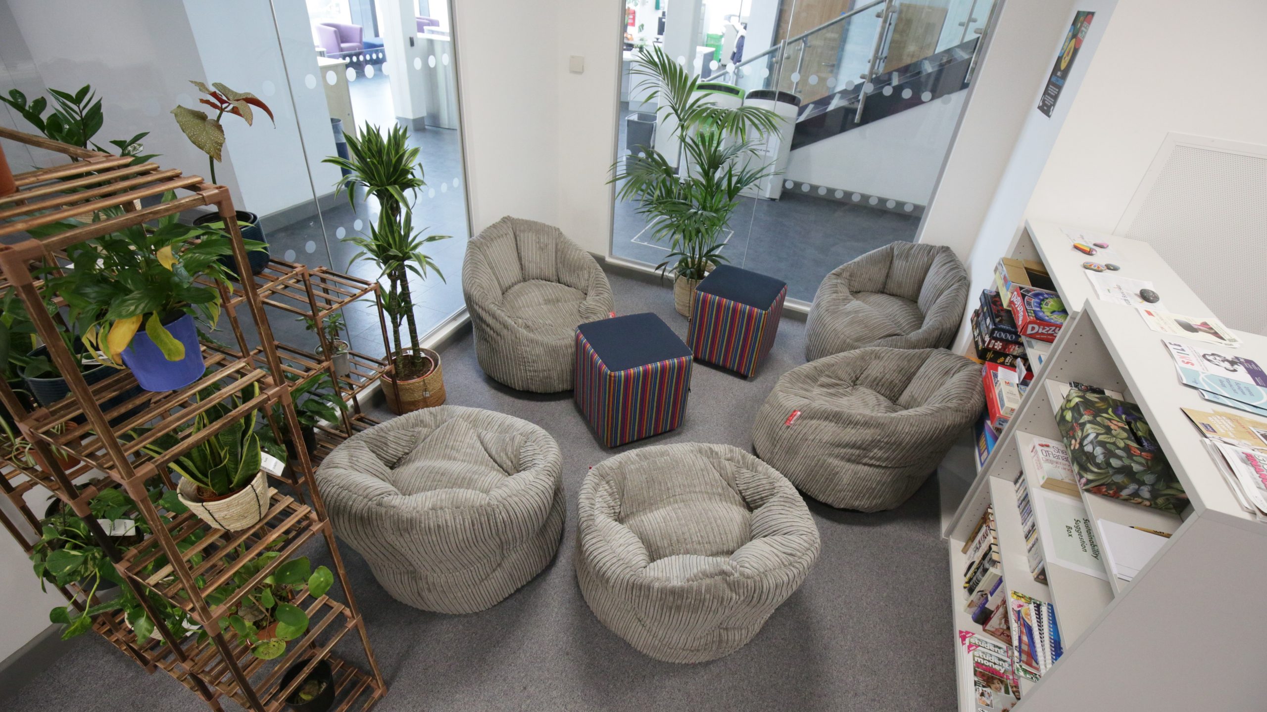 The green space, with beanbag chairs